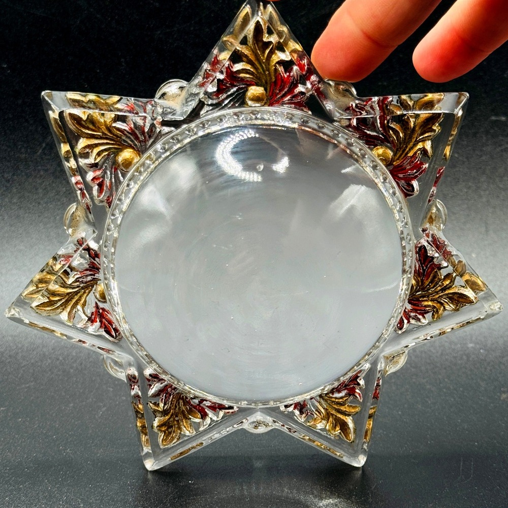 Antique Goofus Glass 7 Point Mourning Star Magnifier Paperweight Red Gold